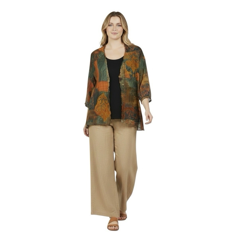 Silky Chiffon Abstract Print Over Blouse  Size L Art to Wear Lagenlook Artsy